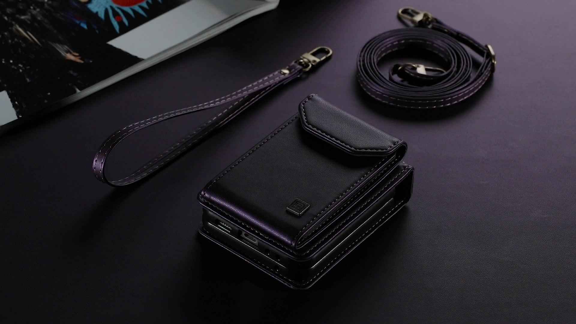 Crossbody Case for Samsung Galaxy Z Flip 3/4/5 - Vintage Faux Leather Strap, Magnetic Closure & Card Holder - Unisex Design in Black