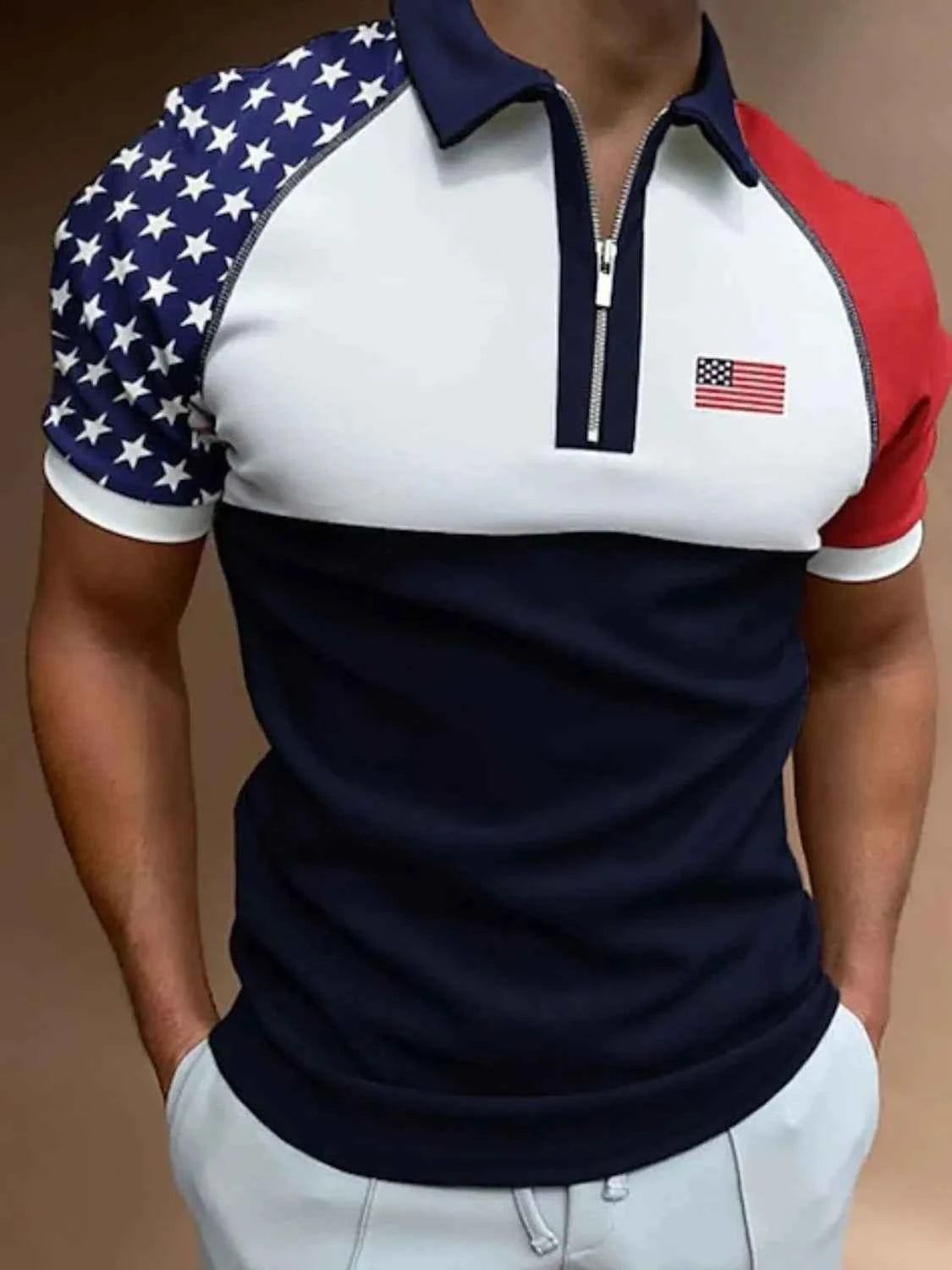 Men's Full Size Collared Neck Short Sleeve US Flag Polo Plus Size Navy