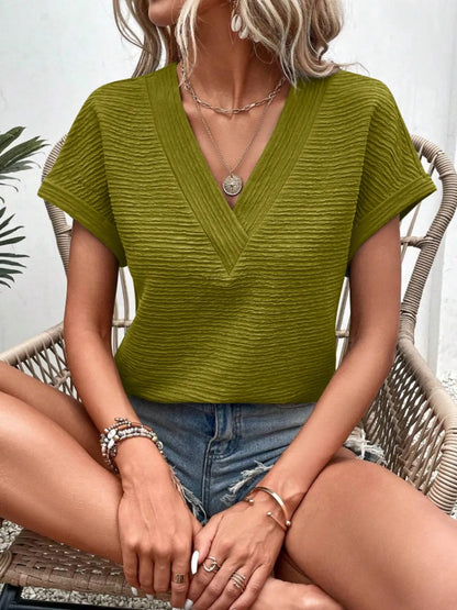 Textured Solid Color Short Sleeve Top