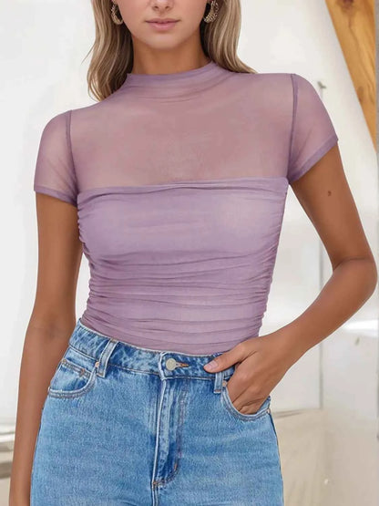Mesh Mock Neck Short Sleeve T-Shirt Lilac