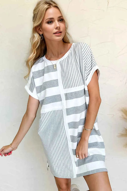 Oh Full Size Striped Round Neck Short Sleeve Mini Tee Dress Gray