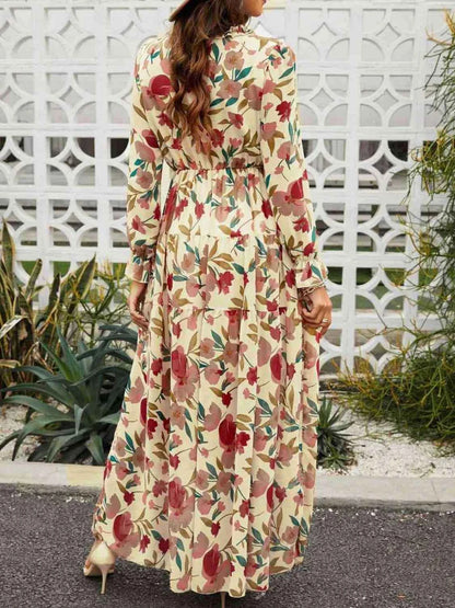 Frill Printed V-Neck Flounce Sleeve Dress