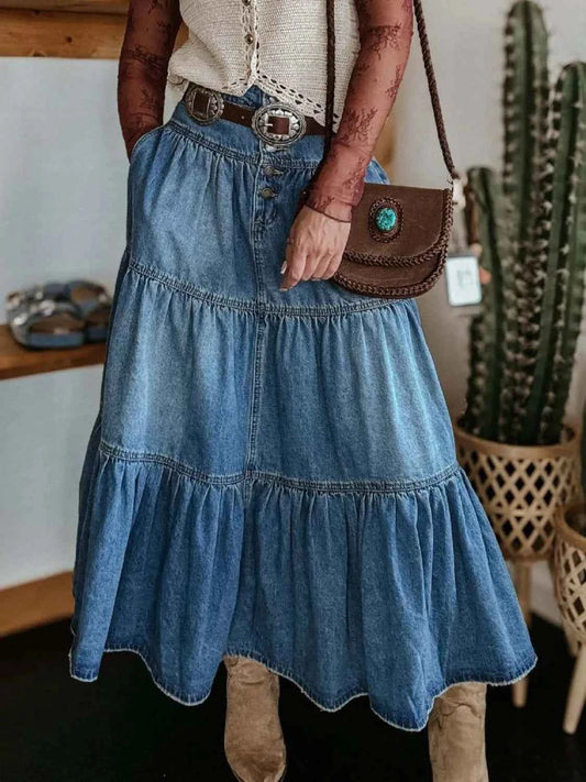 Ruched Button Fly Denim Skirt