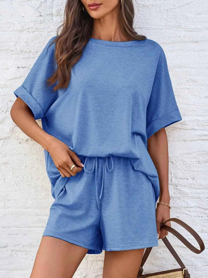 Round Neck Short Sleeve Top and Shorts Set Sky Blue
