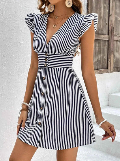 Striped Button Front Cap Sleeve Dress