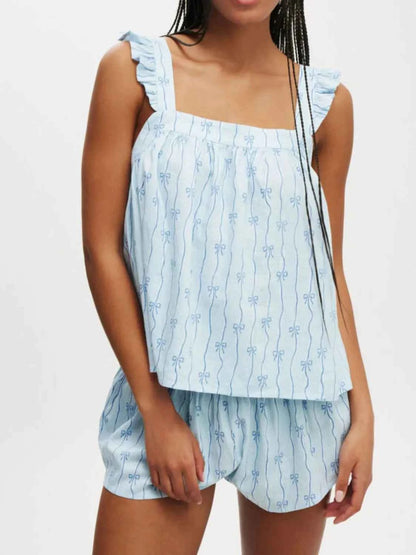 Bow Print Square Neck Cami and Shorts Set Light Blue