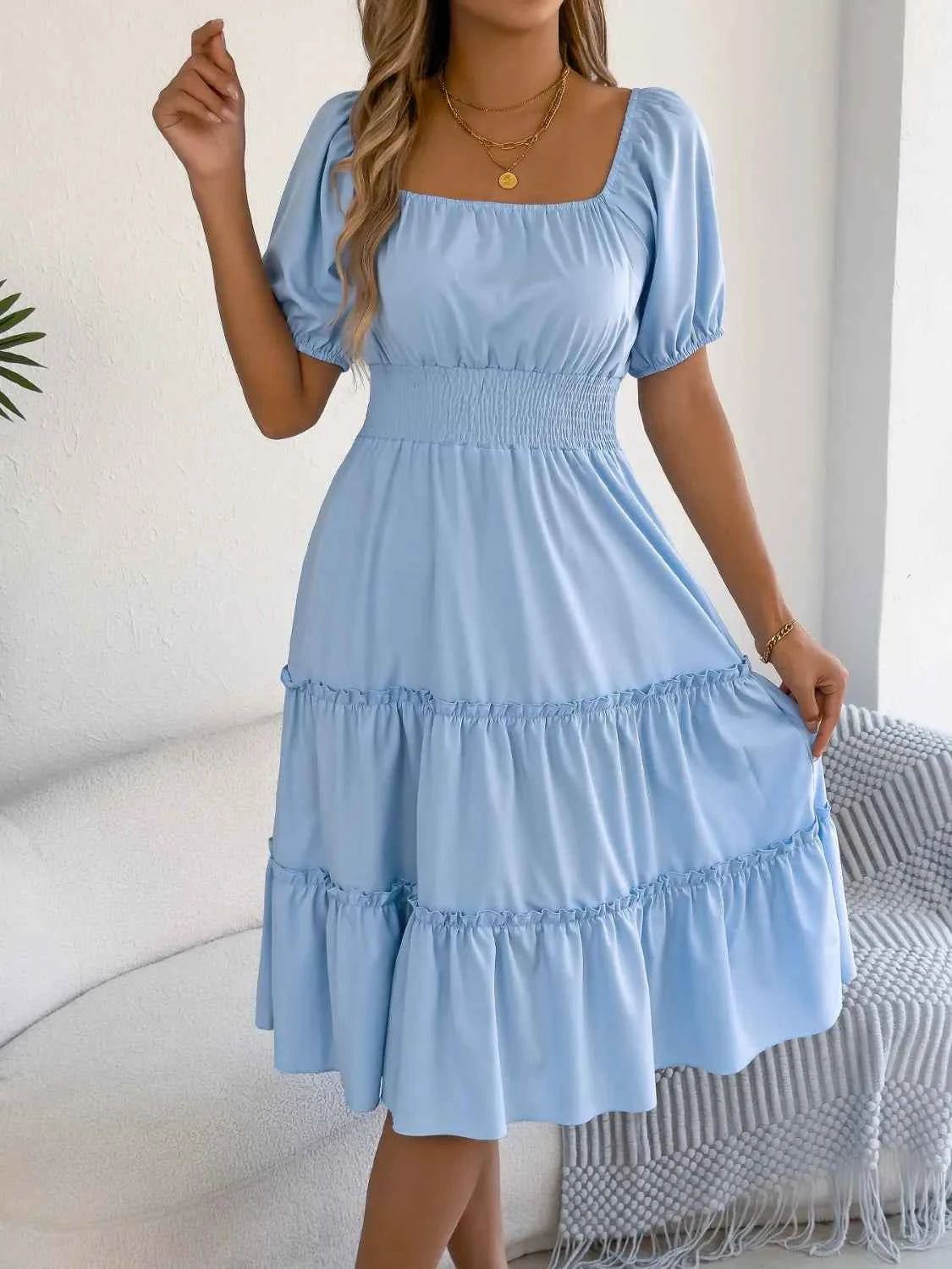 Square Neck Short Puff Sleeve Dress