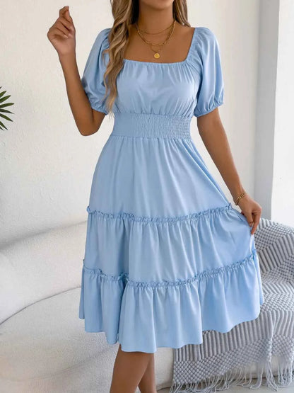 Square Neck Short Puff Sleeve Dress