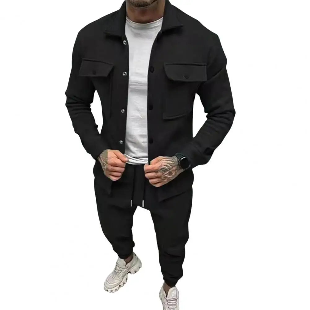 Men's black activewear set featuring a button-up jacket and matching joggers for stylish comfort