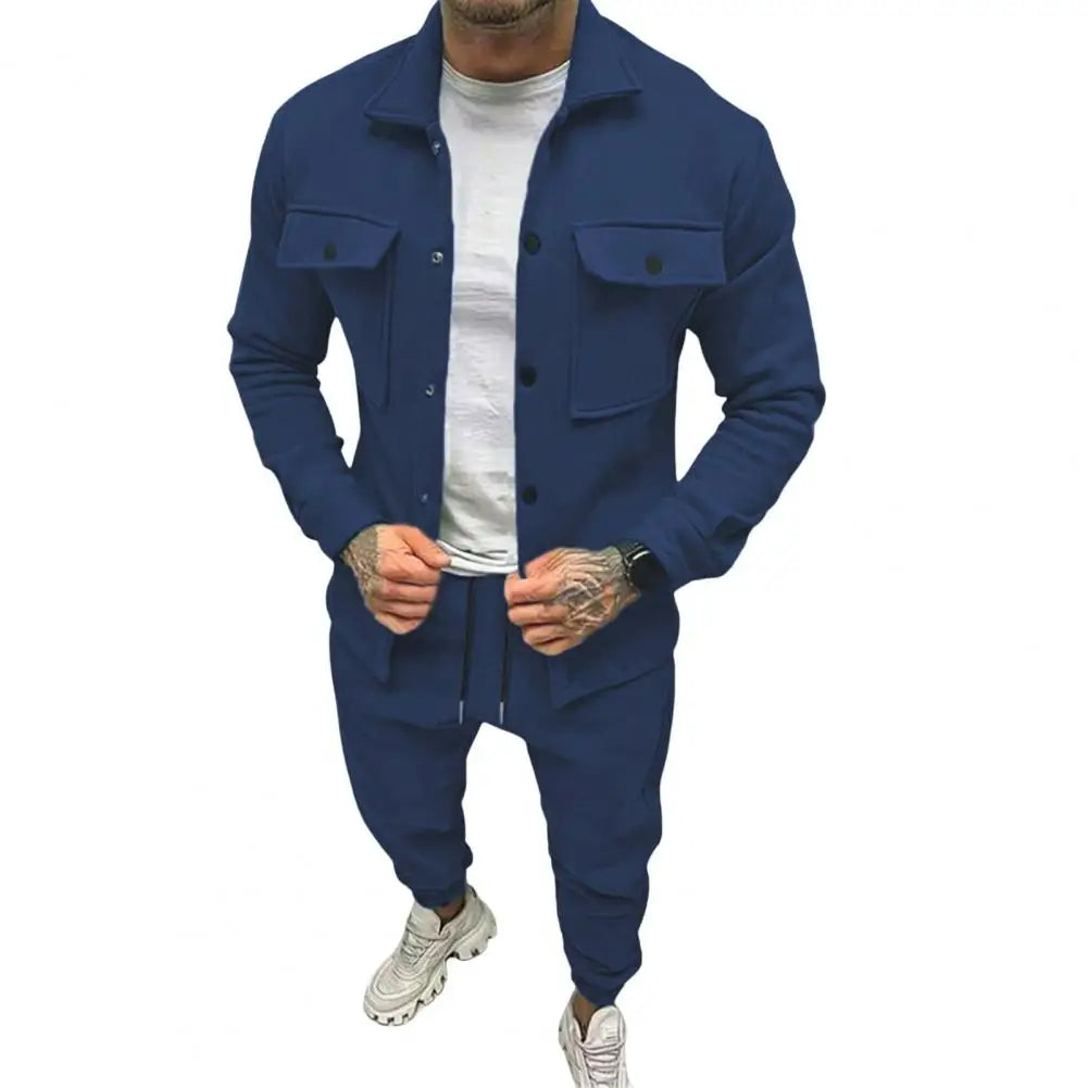 Men's Navy Blue Activewear Set with Button-Up Jacket and Jogger Pants for Fashion Men's Activewear