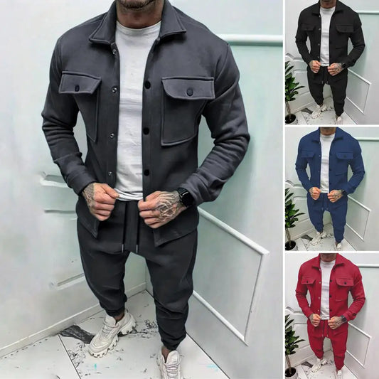 Men's fashion activewear set featuring stylish jackets and joggers in black, navy, red, and gray