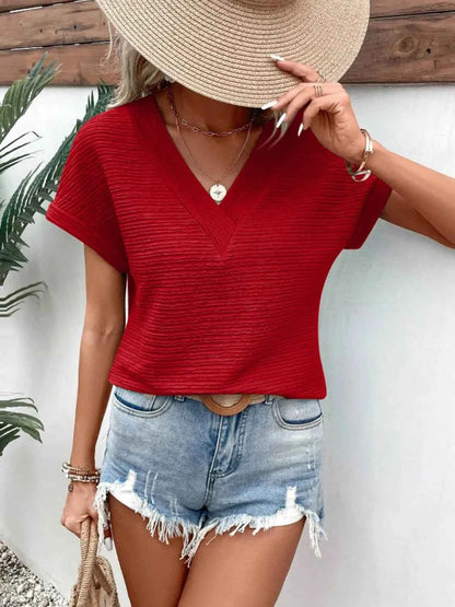 Textured Solid Color Short Sleeve Top