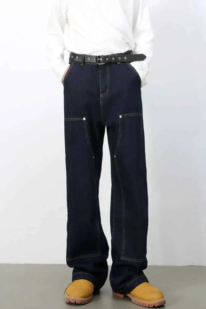 Men's Wide Straight Leg Jeans with Pockets Dark