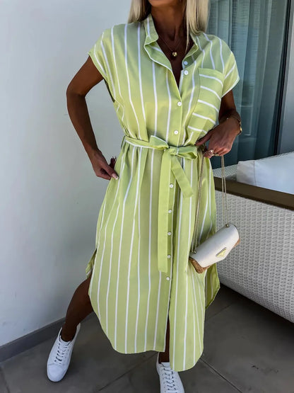 Striped Tie Waist Short Sleeve Dress
