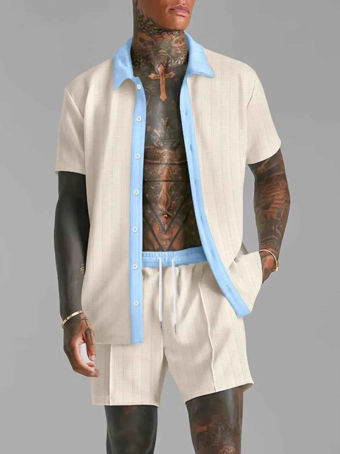 Men's Full Size Collared Neck Short Sleeve Top and Shorts Set Plus Size