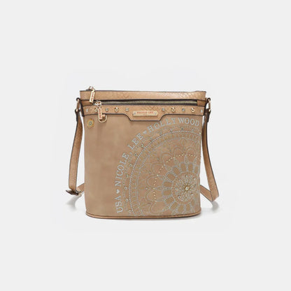 Nicole Lee USA Metallic Stitching Embroidery Inlaid Rhinestone Crossbody Bag Beige One Size