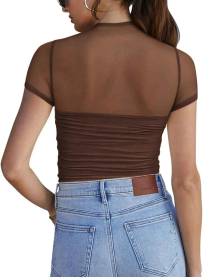 Mesh Mock Neck Short Sleeve T-Shirt