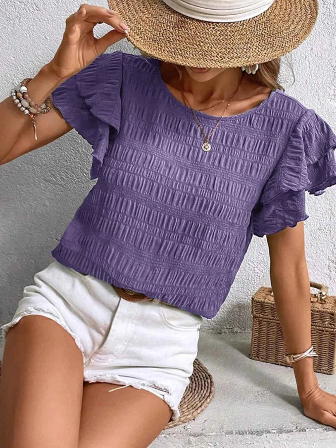 Round Neck Ruffled Short Sleeve Top