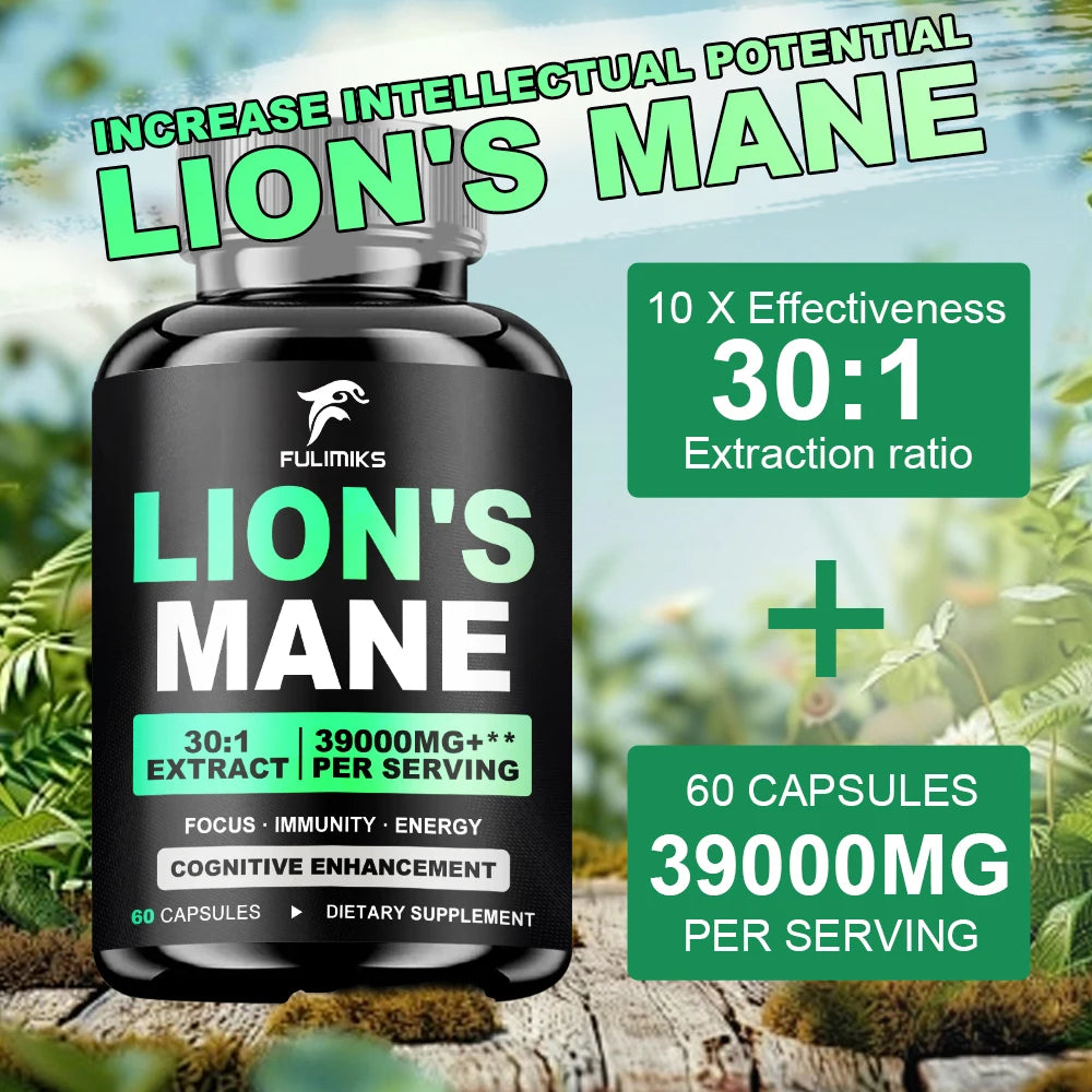 Lion's Mane Mushroom Extract Supplement with 60 capsules for cognitive enhancement and energy boost