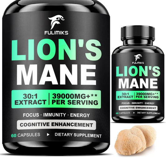 Lion's Mane Mushroom Extract Supplement in a black bottle with 60 capsules for cognitive enhancement