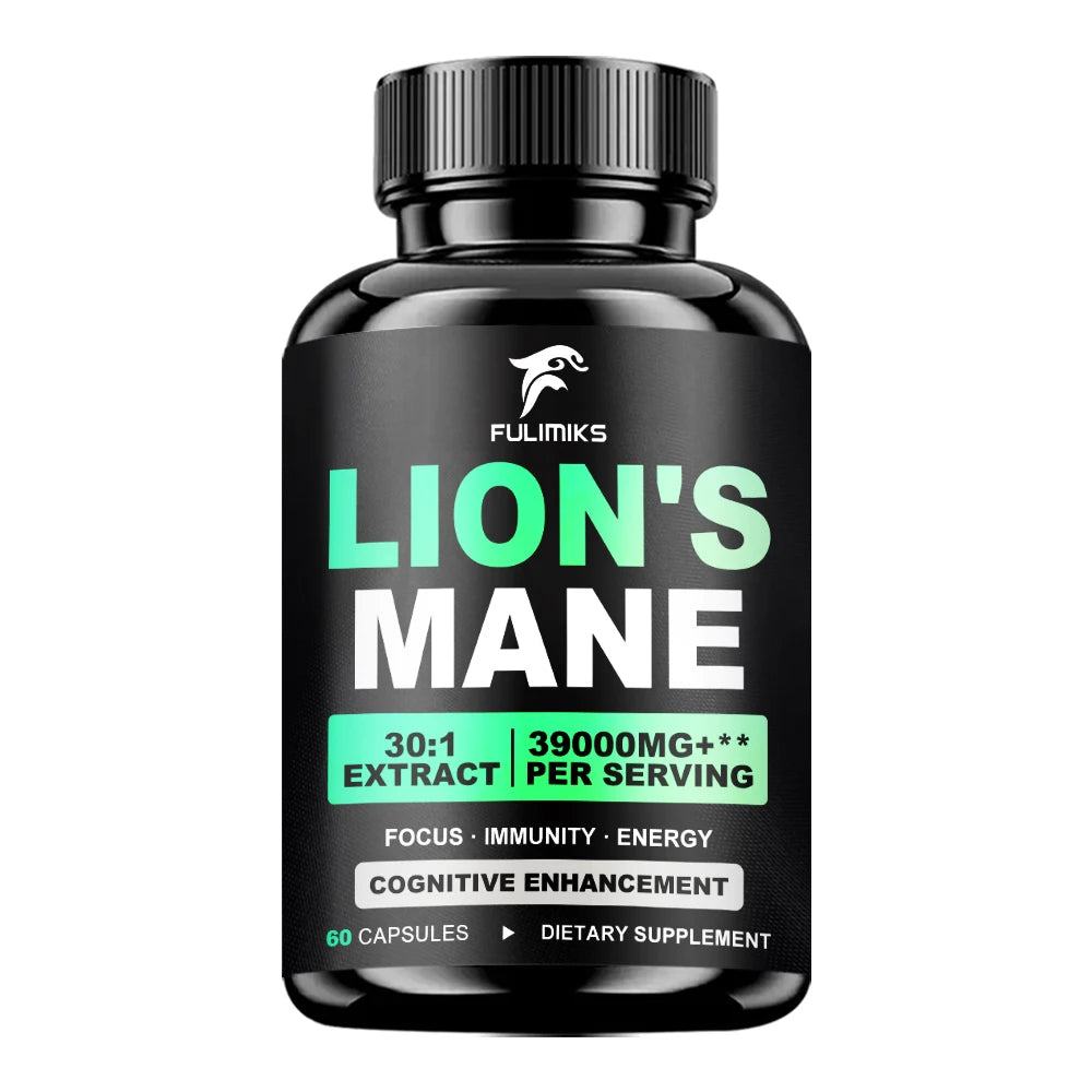 Lion's Mane Mushroom Extract Supplement in black bottle for cognitive enhancement with 60 capsules