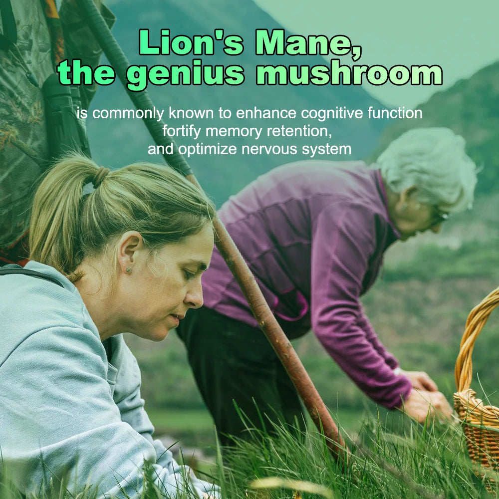 Women foraging in nature for Lion's Mane Mushroom Extract Supplement known for cognitive enhancement
