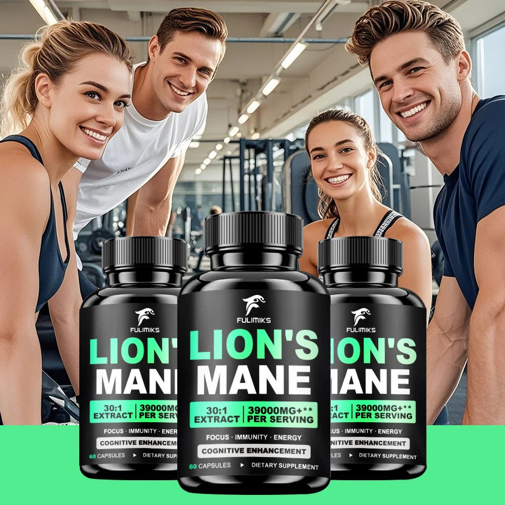 Lion's Mane Mushroom Extract Supplement bottles for cognitive enhancement and energy support in fitness setting