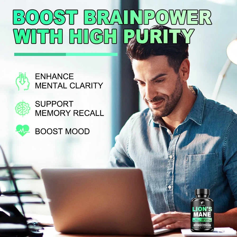 Lion's Mane Mushroom Extract Supplement bottle with health benefits for enhancing mental clarity and mood support