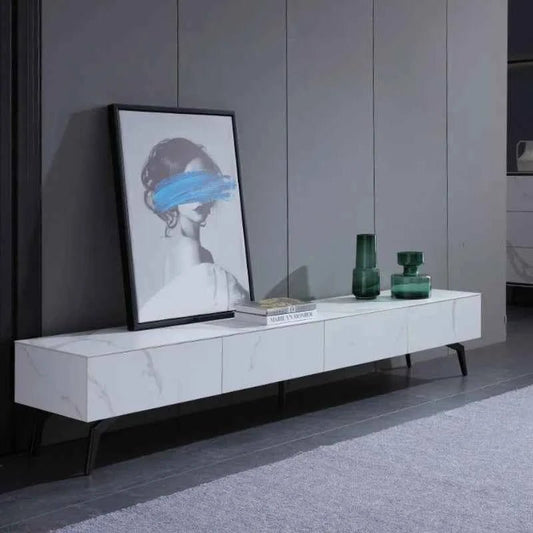 Full Rock Plate TV Stand & Coffee Table - Italian Minimalist Design with Solid Wood Frame, Modern Media Console for Living Room