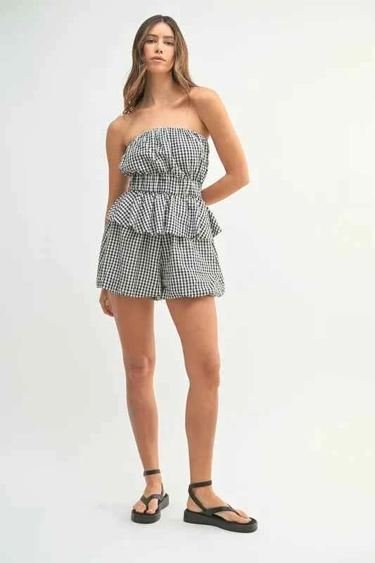 Trendsi Gingham Tube Top and Shorts Set with Ruffled Design for Stylish Summer Outfits