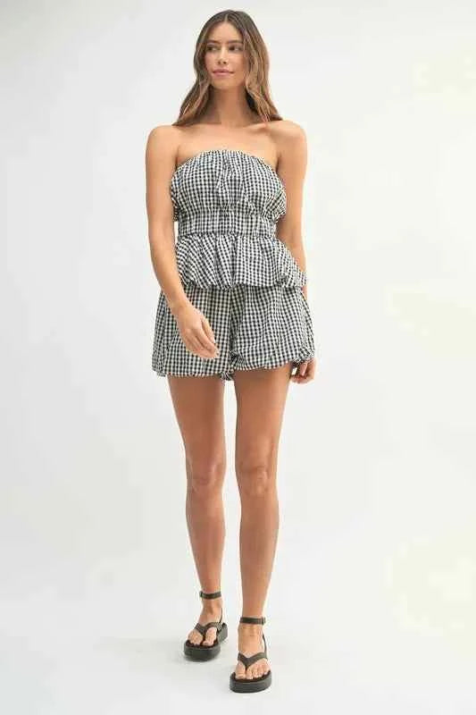Trendsi Gingham Tube Top and Shorts Set featuring a stylish ruffled design for casual summer wear