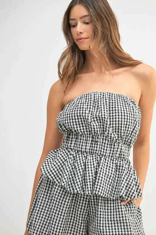 Trendsi Gingham Tube Top and Shorts Set in Black and White with a Flattering Peplum Design
