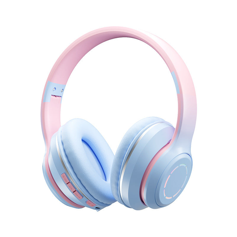 Gradient Bluetooth headphones in pastel pink and blue with soft ear cushions for comfortable listening