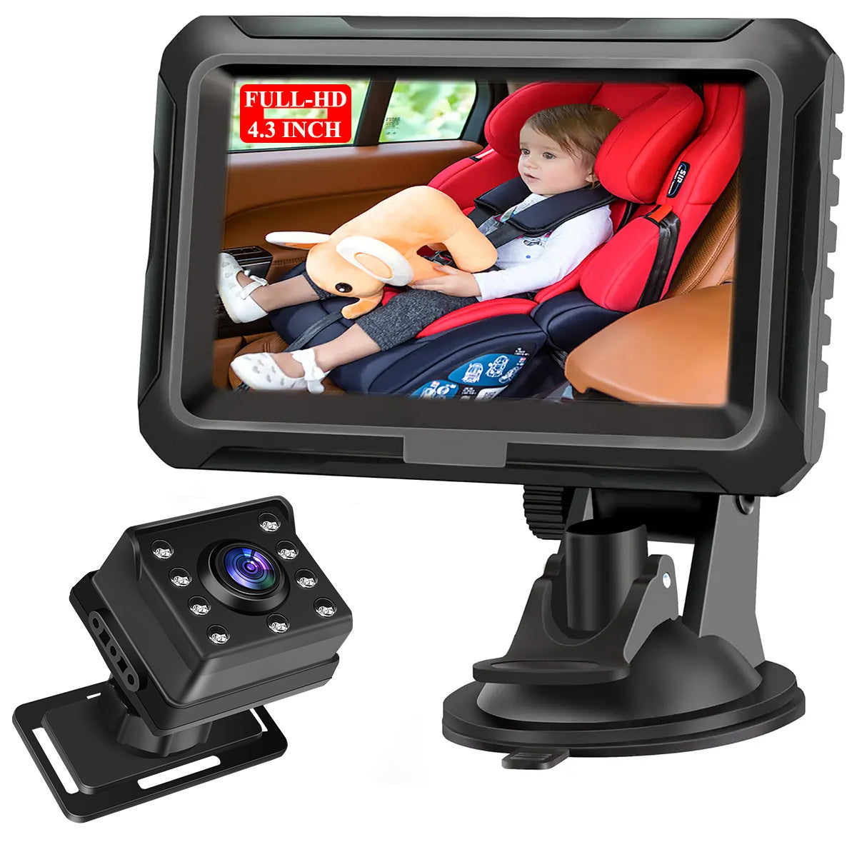 HD car baby monitor with 4.3 inch display and adjustable camera for safety while traveling