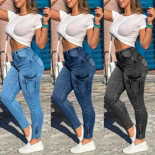 High waist women denim jeans in light blue, dark blue, and black, featuring a stylish fit and zip details