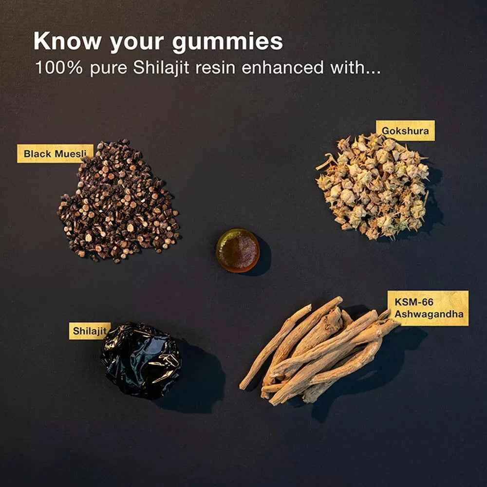 Ingredients for Himalayan Shilajit gummies including Shilajit resin, black muleti, gokshura, and KSM-66 ashwagandha