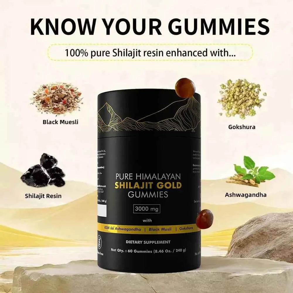 Pure Himalayan Shilajit gummies with black muesli, ashwagandha, and gokshura for health support