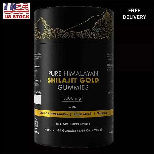 Pure Himalayan Shilajit gummies with 3000 mg, featuring Ashwagandha and GoKshura for wellness support