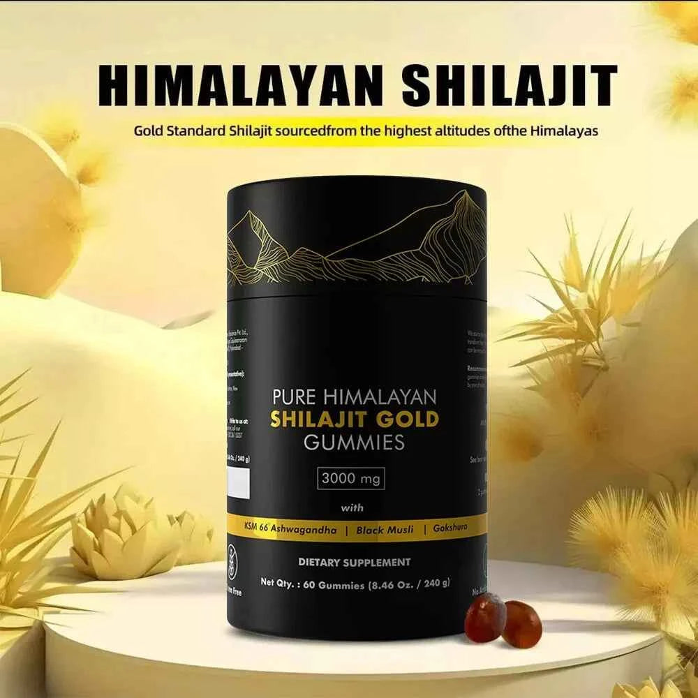 Himalayan Shilajit gummies in a black container, featuring 3000 mg of pure Shilajit for dietary supplementation