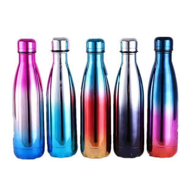 Collection of five insulated stainless steel water bottles in vibrant gradient colors