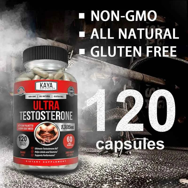 Kaya Ultra Testosterone natural muscle booster supplement in a bottle with 120 capsules for optimal performance