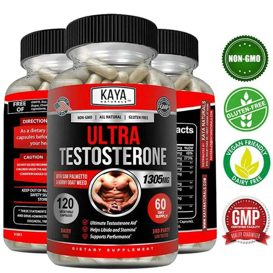 Kaya Ultra Testosterone Natural Muscle Booster Supplement in three bottles for enhanced performance and vitality