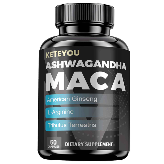 Keteyou Ashwagandha Maca supplement featuring testosterone booster capsules with American Ginseng and L-Arginine