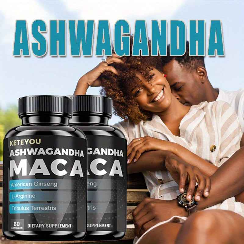 Keteyou Ashwagandha Maca dietary supplement bottles with testosterone booster capsules displayed on a vibrant background