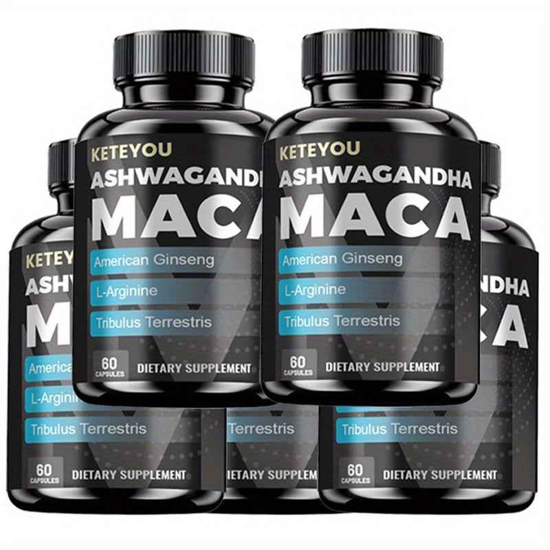 Keteyou Ashwagandha Maca testosterone booster capsules in black bottles for dietary supplement support