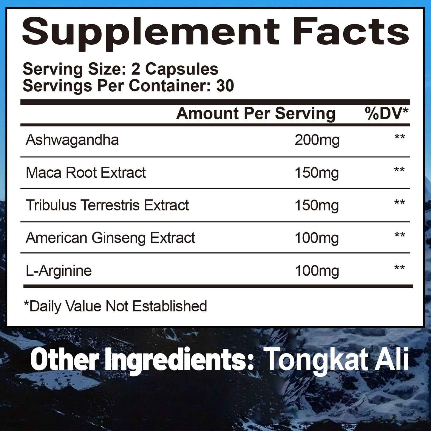 Supplement facts for testosterone booster capsules showing ingredients like Ashwagandha and Maca Root Extract
