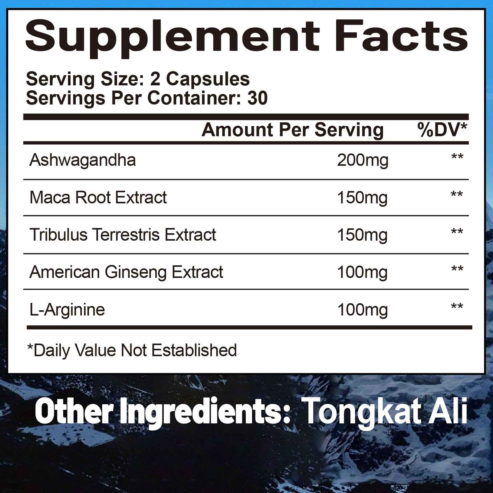 Supplement facts for testosterone booster capsules showing ingredients like Ashwagandha and Maca Root Extract