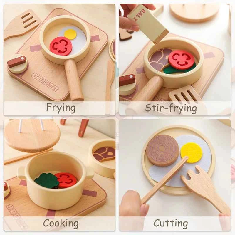 Kid wooden kitchen toy set featuring frying, stir-frying, cooking, and cutting activities for imaginative play