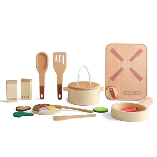 Kid wooden kitchen toy set with cookware, utensils, and food pieces for imaginative play