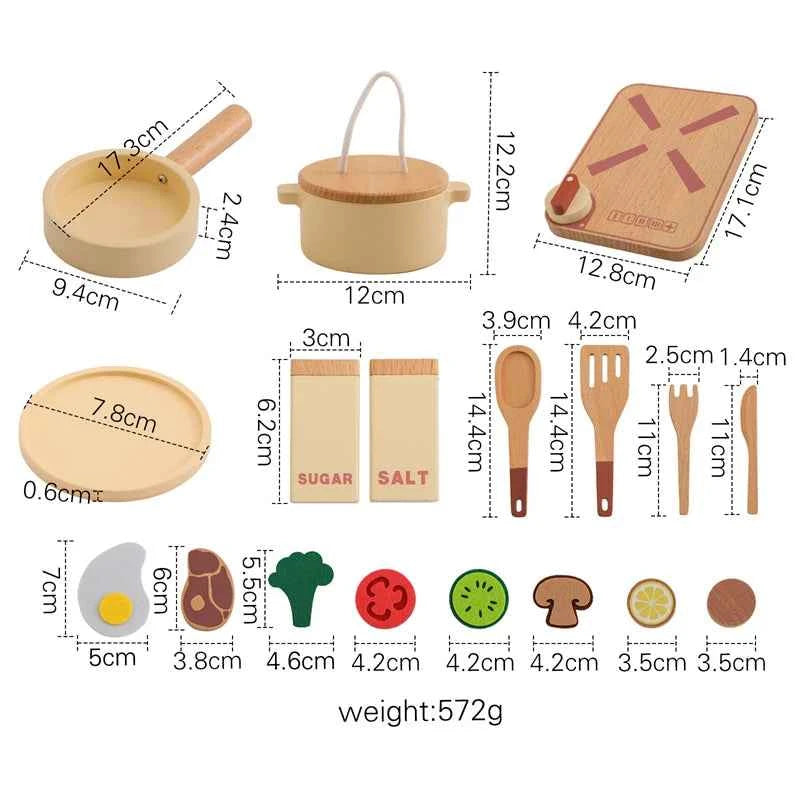 Kid wooden kitchen toy set including pots, pans, utensils, and food items for imaginative play